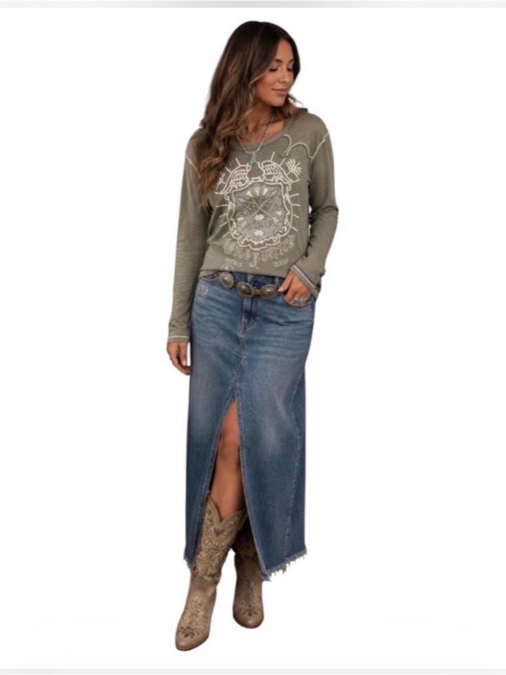 Double D Ranch  Sage Long Sleeve Tee with White Embroidery